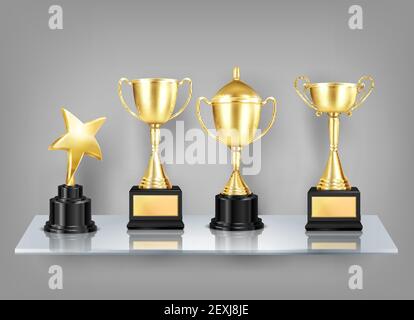 Trophée récompense des images réalistes sur la composition en rayon des coupes dorées avec des socles noirs sur une étagère en verre, illustration vectorielle Illustration de Vecteur