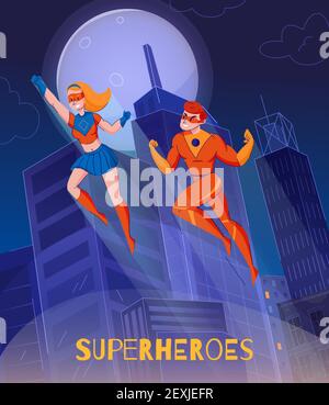 Les super-héros volant qui survolent les tours de ville de nuit les bandes dessinées se demandent femme illustration vectorielle de l'affiche d'arrière-plan des personnages super man Illustration de Vecteur