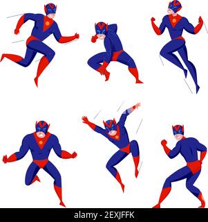 Super héros puissant super bête comics jeux bleu bodysuit personnage dedans 6 l'action pose l'illustration du vecteur de saut de vol de combat Illustration de Vecteur