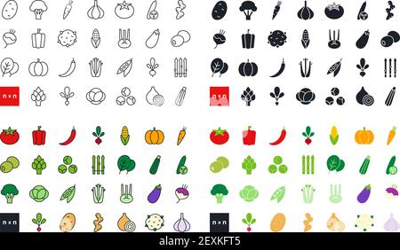 Légumes. Des aliments et des vitamines sains. Ensemble d'icônes de couleurs vectorielles linéaires plates. Silhouette noire isolée. Icône de remplissage en continu. Contour, forme, contour Illustration de Vecteur