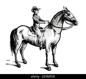 Montant un cheval de cow-boy. Dessin noir et blanc Encre Banque D'Images