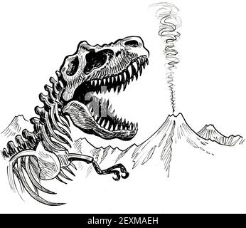 Squelette et volcan de tyrannosaurus éteints. Dessin noir et blanc Banque D'Images