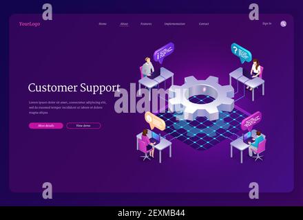 Page de renvoi isométrique du support client. Les opérateurs de ligne directe d'assistance, les réceptionnistes de centre d'appels ou les télévendeurs avec casque et pc travaillant sur aider les clients en ligne, bannière web 3d Vector Illustration de Vecteur