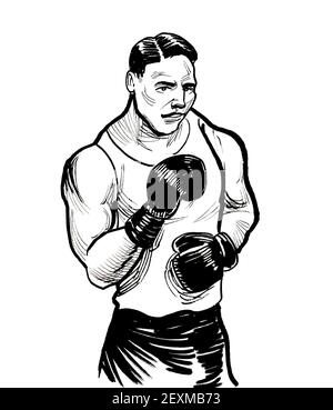 L'athlète de boxe. Dessin noir et blanc Encre Banque D'Images