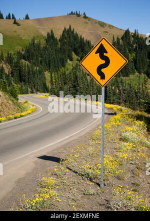 Le panneau de signalisation indique Curves Ahead Mountain Landscape Banque D'Images