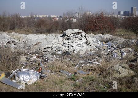 Peu profonde profondeur de champ détails des ordures et des débris de construction dispersés tout autour d'un lot vide à Bucarest, près d'un abri de fortune. Banque D'Images