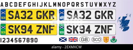 Plaque d'immatriculation pour voiture en Écosse, lettres, chiffres et symboles, illustration vectorielle, Royaume-Uni Illustration de Vecteur