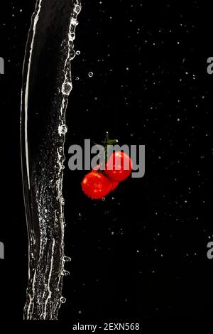 Trois tomates mûres rouges sur fond noir avec des gouttes d'eau et une puissante éclaboussure. Photo de haute qualité Banque D'Images