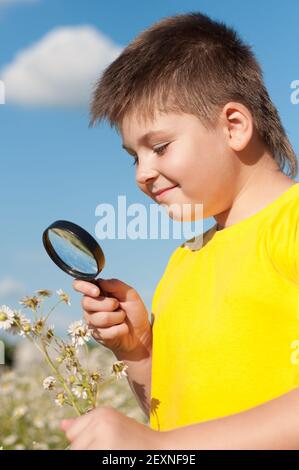 Garçon voit des fleurs à travers la loupe Banque D'Images