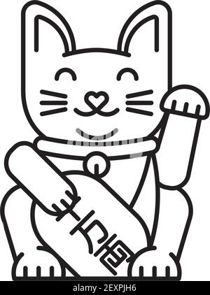 Icône de ligne vectorielle japonaise Lucky Cat Maneki-Neko pour Global Cat Le 16 octobre Illustration de Vecteur