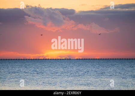 Shoeburyness, Essex. 5 mars 2021 - Sunrise, Thames Estuary, Royaume-Uni - UNE banque de nuages à l'horizon est a partiellement obscurci le soleil lorsqu'il s'est levé au-dessus de l'estuaire de la Tamise, bien qu'elle ait aidé à créer des éclaboussures momentanées de couleurs vives. L'ancien boom de la défense de la Guerre froide est défait par rapport à l'horizon brillant crédit: Timothy Smith/Alay Live News Banque D'Images