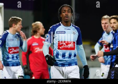 Haderslev, Danemark. 04e mars 2021. Jeppe Simonsen (21) de Soenderjyske vu pendant le match 3F Superliga entre Soenderjyske et Odense Boldklub au parc Sydbank à Haderslev. (Crédit photo : Gonzales photo/Alamy Live News Banque D'Images