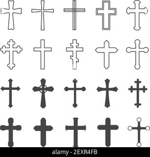 Croix chrétienne. Décoration de religion crucifix symbole catholique, église orthodoxe de foi conception croisée, ensemble de vecteur plat isolé Illustration de Vecteur