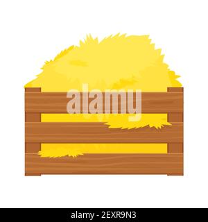 Balle de foin, botte de foin dans une boîte en bois de style dessin animé isolée sur fond blanc illustration vectorielle. Récolte, agriculture rurale, agriculture. . Illustration vectorielle Illustration de Vecteur