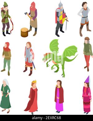 Personnages médiévaux isométriques. Chevalier dragon homme royal ancien prêtre roi guerrier reine isolé 3d vecteur set. Illustration roi médiéval, bourreau et seigneur, dragon et reine Illustration de Vecteur