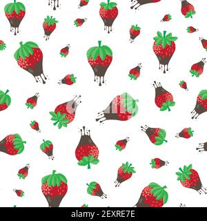 Fond de motif vectoriel sans couture fraise trempée au chocolat. Baies rouges pâles qui goutent de gouttes de ganache sucrée. Fruits de jardin Illustration de Vecteur