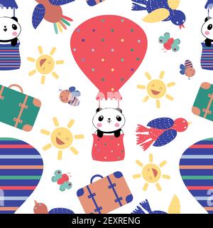 Mignon kawaii panda voyage dans les ballons d'air chaud sans couture motif vectoriel arrière-plan. Décor multicolore lumineux avec ours de dessins animés, valises, soleil Illustration de Vecteur