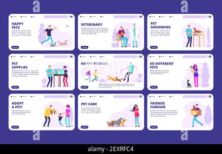 Modèle de pages d'arrivée pour les personnes avec animaux de compagnie. Personnages vectoriels personnes, chiens, chats, oiseaux. Site Web vétérinaire et toilettage animaux illustration Illustration de Vecteur