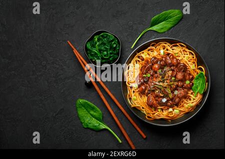 Bakmi ou Mie Ayam dans un bol noir sur une table en ardoise sombre. Cuisine indonésienne nouilles plat de viande. Plats et repas asiatiques traditionnels. Vue de dessus. Copier l'espace Banque D'Images