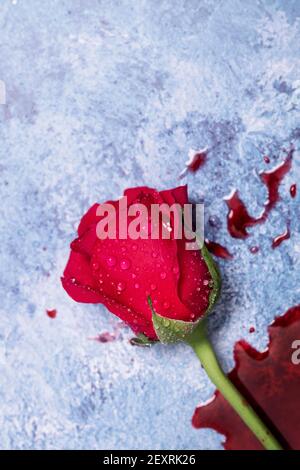 Roses rouges et sang sur fond bleu texturé avec espace de copie et espace pour le texte Banque D'Images