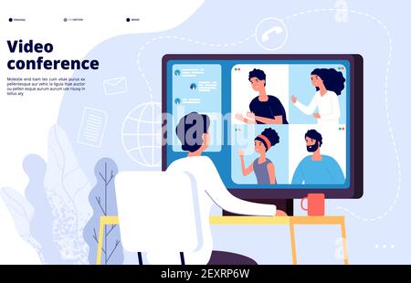 Accueil de la visioconférence. Les utilisateurs sur écran d'ordinateur prennent avec leurs collègues. Page vectorielle de l'espace de travail de visioconférence et de réunion en ligne. Vidéo conférence en ligne, illustration des professionnels Illustration de Vecteur