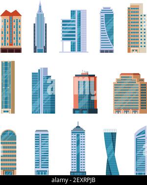 Gratte-ciels plats. Grands bâtiments modernes de la ville. Maisons résidentielles et de bureaux à l'extérieur. Jeu de vecteurs de dessins animés isolés de blocs d'appartement. Illustration de la construction de gratte-ciel, architecture de bâtiment haut Illustration de Vecteur