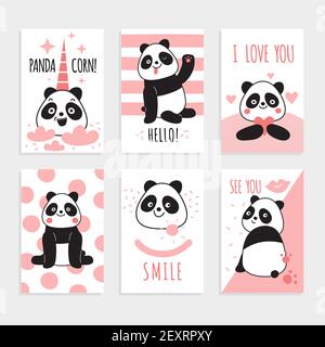 Cartes Panda. Ours chinois mignon, panda heureux avec des accessoires magiques, invitations de fête d'anniversaire. Ensemble de dessins animés à imprimé coloré. Personnage de Panda sur la carte , ours mammifère drôle d'illustration Illustration de Vecteur