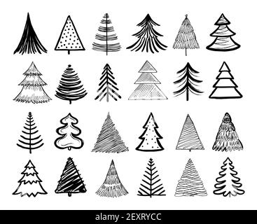 Arbre de noël Doodle. Hiver vacances éléments dessinés à la main. Arbres de Noël rétro et joyeux nouvel an esquisse graphique vecteur ensemble isolé. Illustration arbre xmas esquisse, artistique de noël Doodle Illustration de Vecteur