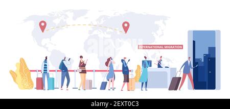 Concept de migration internationale. File d'attente des immigrants, carte du monde et points de destination. Vecteur de migration mondiale, personnes plates avec des sacs de voyage. Illustration de la migration internationale mondiale, sans emploi de crise Illustration de Vecteur