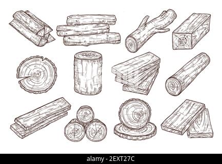 Bois tiré à la main. Esquissez des rondins de bois, le tronc et les planches. Branches d'arbres empilées, kit de vecteur vintage pour matériaux de construction forestière. Illustration tronc et bois de charpente, bois de chauffage et bois de feuillus Illustration de Vecteur