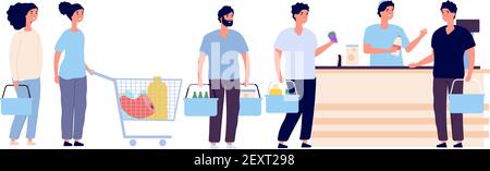 File d'attente. Les personnes avec une carte d'achat en ligne achètent des produits dans une épicerie au comptoir. Ensemble de vecteurs de dessin animé de la foule des acheteurs. Illustration du magasin de file d'attente, du client du supermarché et du caissier Illustration de Vecteur