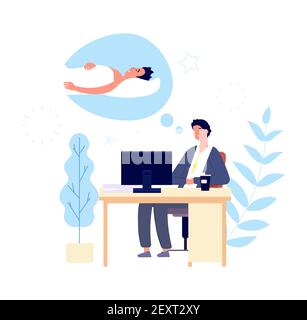 Homme endormi. Un gars qui souhaite dormir au bureau le matin. Adulte fatigué triste personne désireuse repos. Gestionnaire de vecteur de dessin animé au personnage de travail. Illustration personne endormi au travail, homme fatigué Illustration de Vecteur