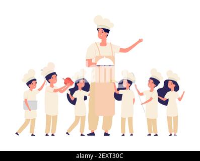 Les enfants cuisent. Chef enseignant, cours de cuisine pour les enfants. Joyeux garçon, petite fille cuisinières en chef, mignons enfants en uniforme. Personnages vectoriels de l'équipe de cuisine. Professeur cuisinier, chef et petite fille dessin animé illustration Illustration de Vecteur