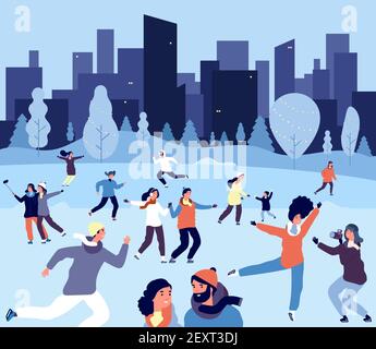 Les gens sur la patinoire. Patinage adulte et enfant sur le parc de la ville de glace. Vacances d'hiver et activités de noël vecteur. Patinoire dans le parc, illustration extérieure en hiver Illustration de Vecteur