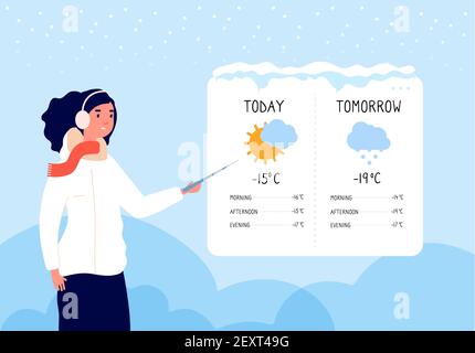 Prévisions météorologiques d'hiver. Femme prévision de jour ensoleillé et neigeux dans tv News vecteur concept. Illustration prévision météo, femme montre la bannière de météorologie Illustration de Vecteur