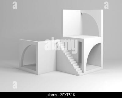 Installation architecturale blanche abstraite. Blocs de cube avec arcs et escalier, illustration de rendu 3d Banque D'Images