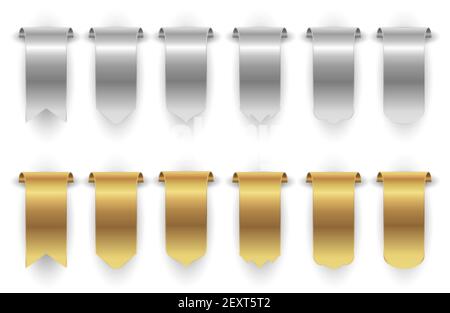 Bannières métalliques. Ruban d'argent doré isolé sur fond blanc. Ensemble de bannières suspendues vectorielles. Ruban argent et or, bannière étiquette or décoratif illustration Illustration de Vecteur