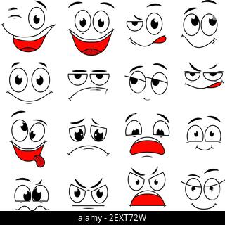 Expressions de dessin animé. Cute visage éléments yeux et bouche avec heureux, triste et fâché, incrédulité émotions. Caractères vectoriels de caricature. Expression de colère émotion, croquis heureux et rire illustration Illustration de Vecteur