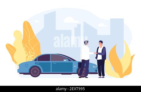 Louer une voiture. Partage de voiture, illustration de l'agence de location de voitures. Caractères masculins plats, vecteur automatique, paysage urbain. Location de voitures de transport, transport de la concession de service Illustration de Vecteur