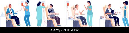 Donneurs de sang. Volontaires homme et femme avec des infirmières donnant du sang à l'hôpital. Illustration du don de sang de l'ensemble Vector, du don de volontaire Illustration de Vecteur