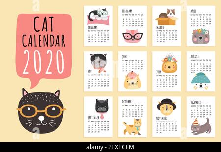 Calendrier Cat. 2020 planificateur mensuel avec de jolis chats de dessin animé. Modèle de calendrier vectoriel de conception de chatons amusants. Illustration du calendrier mensuel et de l'année Illustration de Vecteur