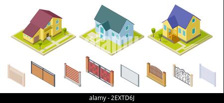 Maisons rurales et clôtures. Éléments de conception extérieurs isolés. Ensemble de vecteurs de bâtiments et de portes isométriques. Bâtiment rural et construction d'architecture 3d maison illustration Illustration de Vecteur