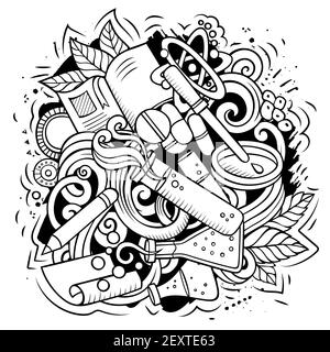 Motif science dessin animé vectoriel en forme de doodle. Composition détaillée avec beaucoup d'objets scientifiques et de symboles. Tous les éléments sont séparés Illustration de Vecteur