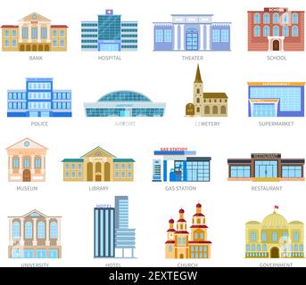 Les maisons de gouvernement. Banque hôpital école université aéroport police bibliothèque église. Icônes vectorielles extérieures des bâtiments municipaux. Musée et bibliothèque, station-service et illustration du restaurant Illustration de Vecteur