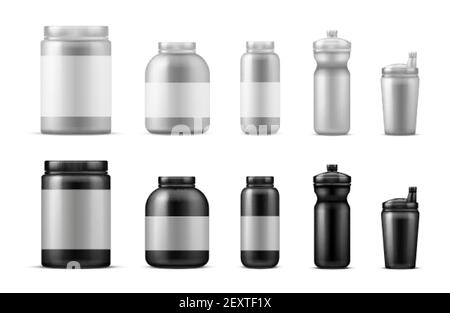 Récipients pour aliments de sport. Bouteilles de boisson réalistes. Maquettes de conteneurs de poudre de protéines vectorielles isolées sur fond blanc. Contenant en plastique pour l'entraînement, illustration de la protéine à la bodybuilding Illustration de Vecteur