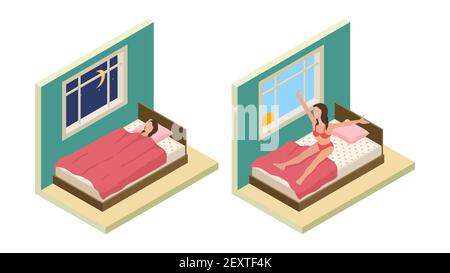 Dormir réveiller fille. Chambre isométrique. Vector fille dorment sur le lit. Bonne nuit Bonjour concept. Illustration chambre matin, dormir personnes isométrique Illustration de Vecteur