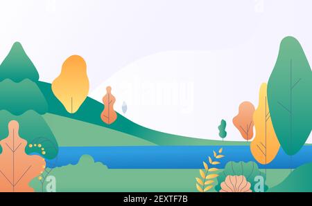 Paysage plat minimal. Scène de nature d'automne avec des arbres jaunes, verts et rivière. Panorama d'automne avec lac. Arrière-plan vectoriel tendance. Illustration paysage d'automne scène, paysage stylisé Illustration de Vecteur