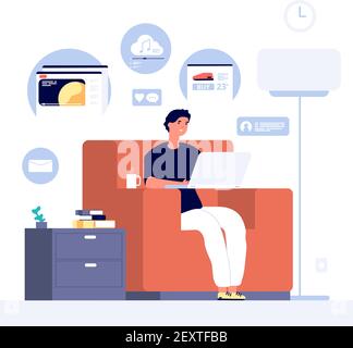 Les gens surfent sur Internet. Homme avec ordinateur portable visite des esops, des médias sociaux et des sites vidéo. Concept de mode de vie en ligne vectoriel plat. Navigation sur les réseaux sociaux en ligne, illustration de la communication réseau Illustration de Vecteur