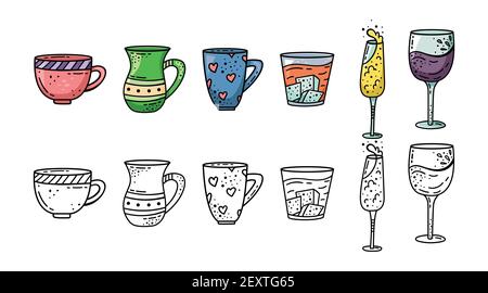 Un ensemble de mugs en forme de caniche. Tasse à café, tasse à thé, verre à vin, verre à champagne, whisky et verre de brandy. Illustration de Vecteur