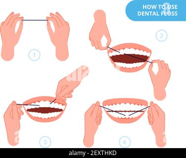 Fil dentaire. Nettoyage des dents, hygiène bucco-dentaire et santé. Étapes d'utilisation de dents de soie dentaire. Guide de Stomatology ou illustration du vecteur d'instruction. Dentaire, santé hygiène dentaire soie dentaire, médical propre orale Illustration de Vecteur